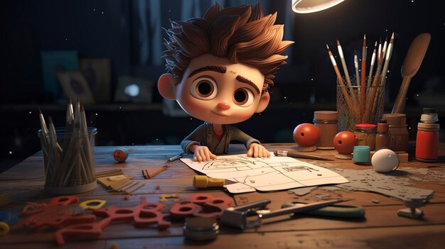 A photo of a 3D character at a drawing board