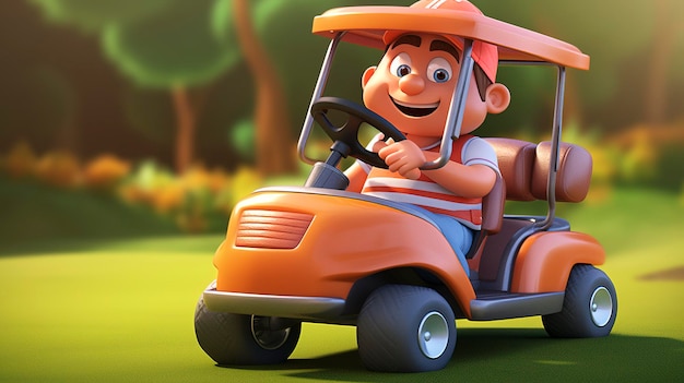 A photo of a 3D character driving a golf cart