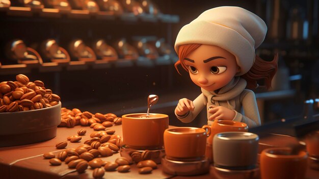 Photo a photo of a 3d character examining the quality of coffee