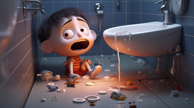 A photo of a 3D character fixing a clogged drain