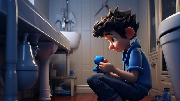 Photo a photo of a 3d character fixing a leaky faucet