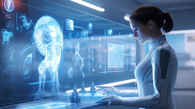 A photo of a 3D character in a futuristic medical research