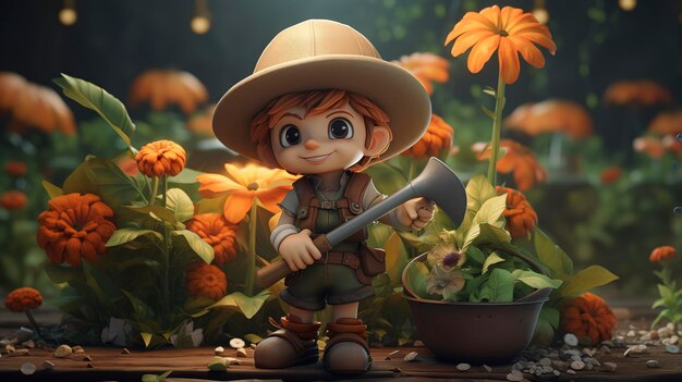 A photo of a 3D character at a gardening workshop