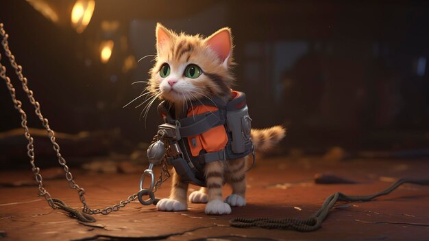 A photo of a 3D character guiding a cat through harness