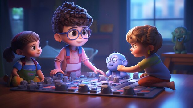 A photo of a 3D character helping kids with alphabet