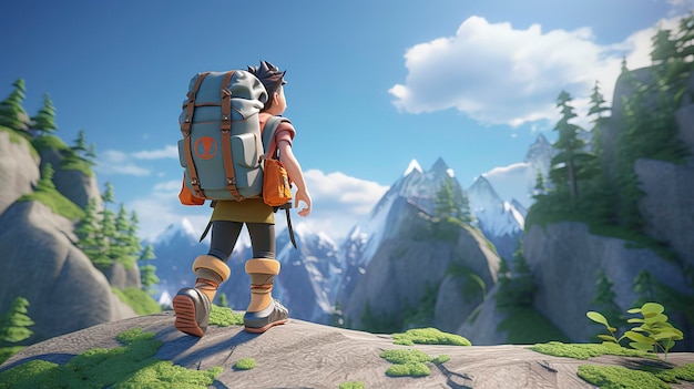 A photo of a 3D character hiking with a backpack