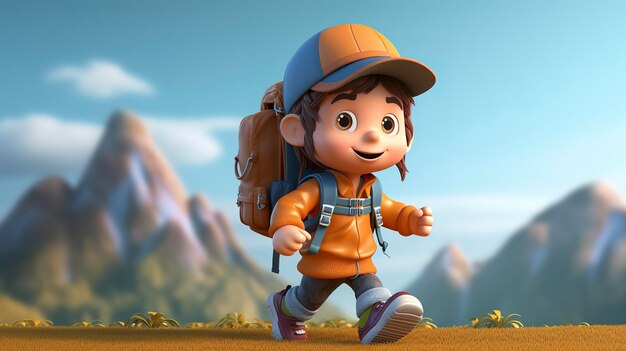 A photo of a 3D character hiking with a practical