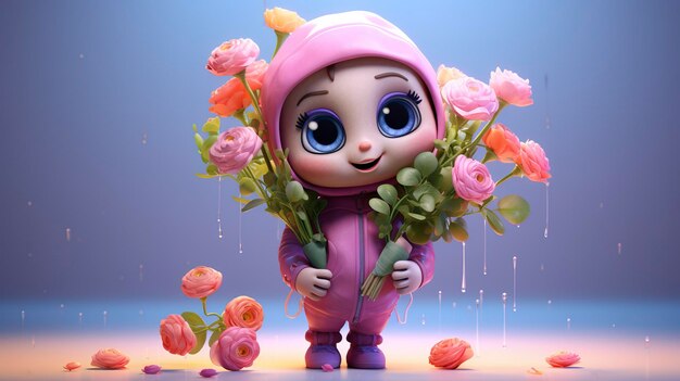 A photo of a 3D character holding a bouquet of flower