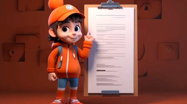 A photo of a 3D character holding a clipboard