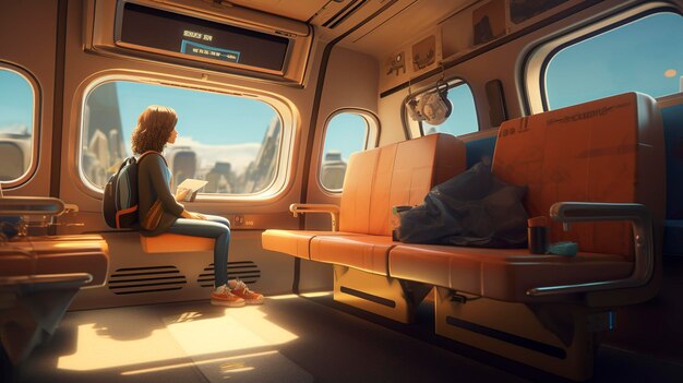 A photo of a 3D character inside a spacious and comfort train