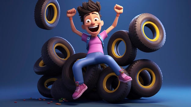 A photo of a 3D character juggling tires in a fun