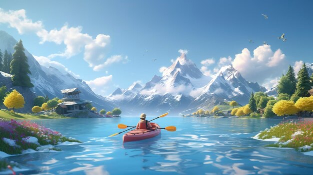 A photo of a 3D character kayaking in a mountain lake