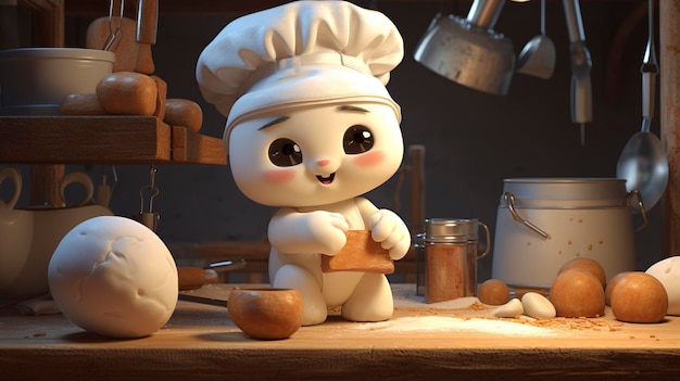 A photo of a 3D character kneading dough