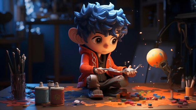 A photo of a 3D character meticulously painting