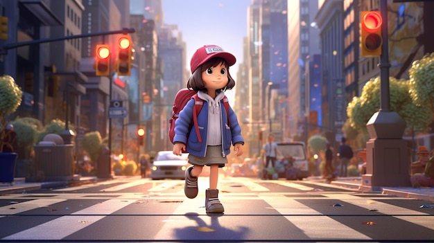 A photo of a 3D character navigating a busy urban street