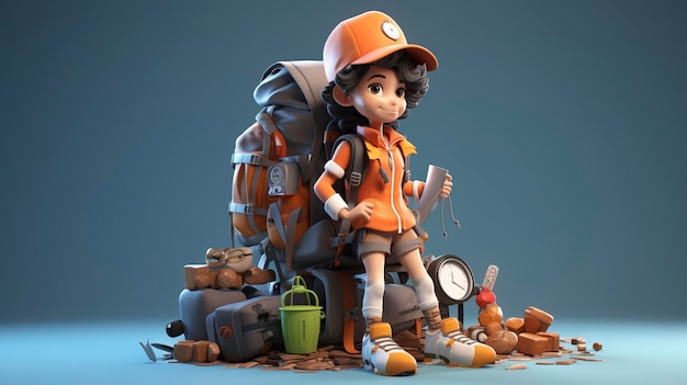 A photo of a 3D character packing a backpack with essential