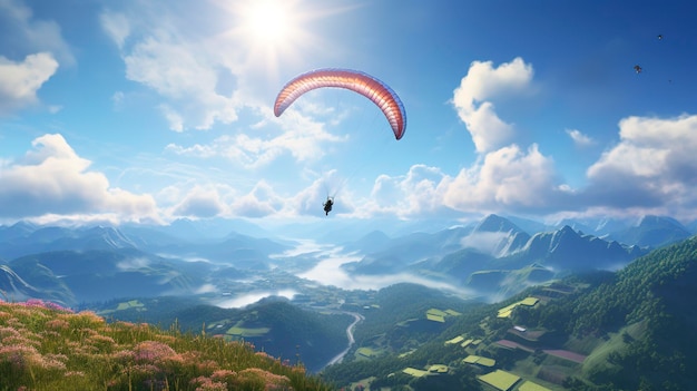 A photo of a 3D character paragliding