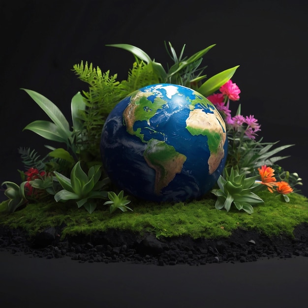 Photo of a 3d character planet earth in black background