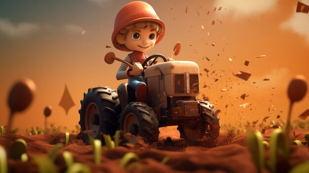 A photo of a 3D character plowing a field with a plow