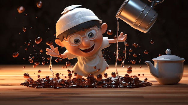 A photo of a 3D character pouring hot water