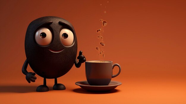 A photo of a 3D character presenting a cup of black coffee