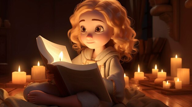 A photo of a 3D character reading a book