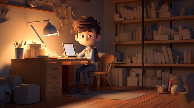 A photo of a 3D character setting up a home office