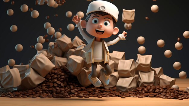 A photo of a 3D character surrounded by bags of coffee beans