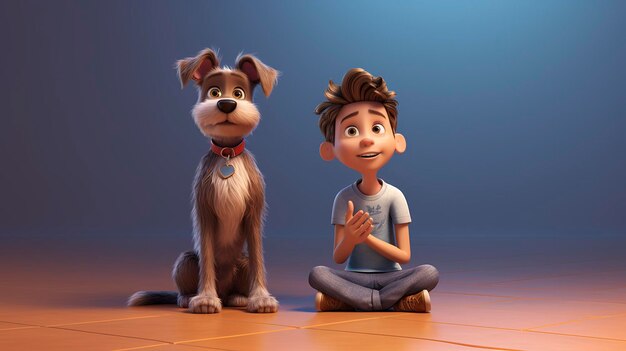 A photo of a 3D character teaching a dog