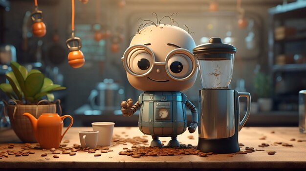 A photo of a 3D character using a French press