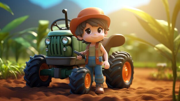 A photo of a 3D character using a GPSguided tractor