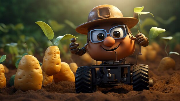 A photo of a 3D character using a potato harvester