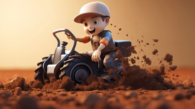 A photo of a 3D character using a soil compactor