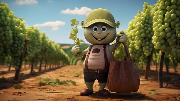 A photo of a 3D character at a vineyard