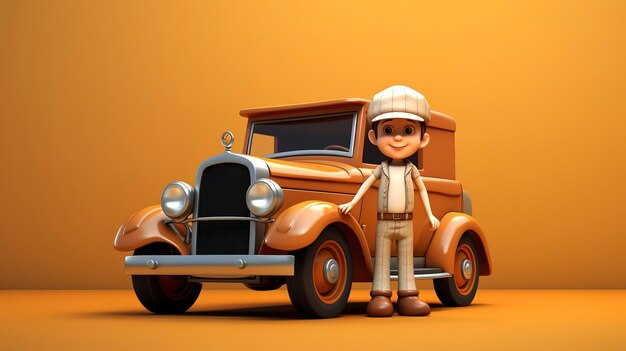 A photo of a 3D character at a vintage car