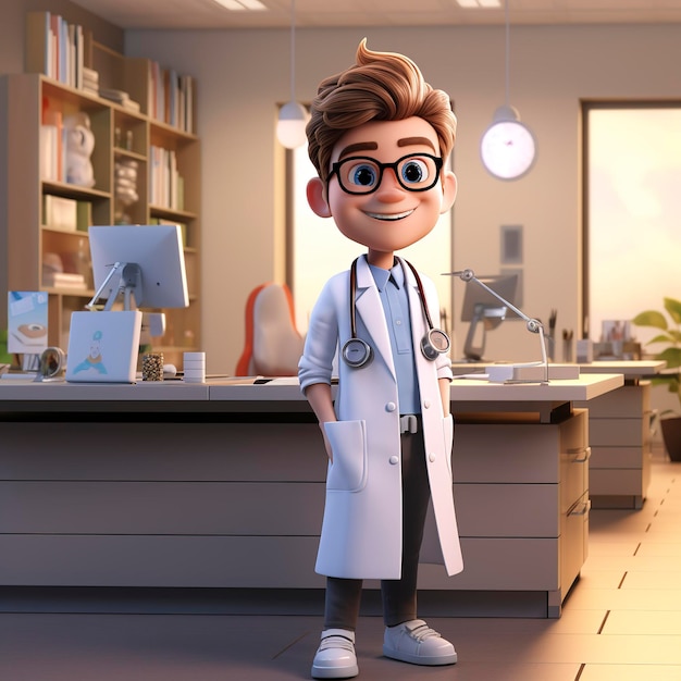 A photo of a 3D character wearing a lab coat