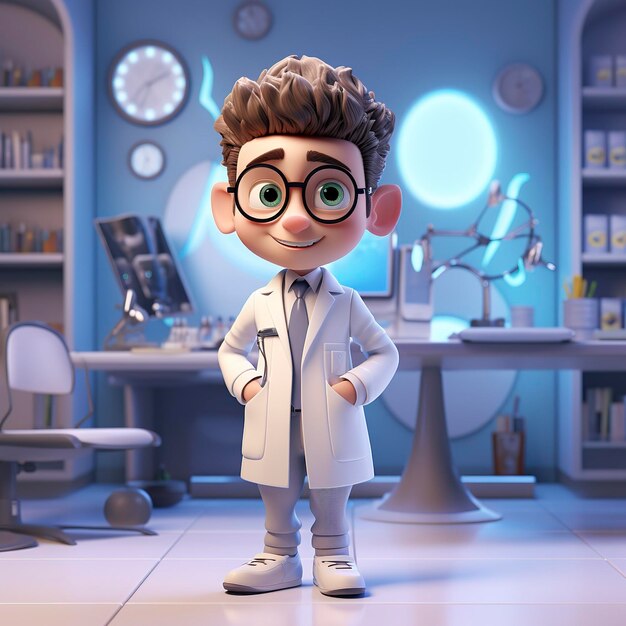 A photo of a 3D character wearing a lab coat