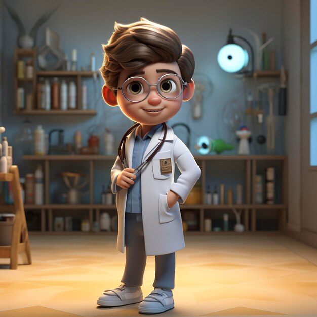 A photo of a 3D character wearing a lab coat