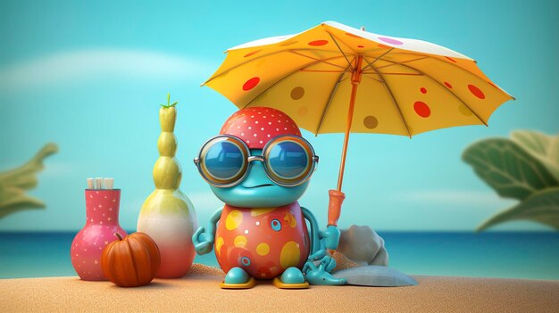 A photo of a 3D character with a beach umbrella