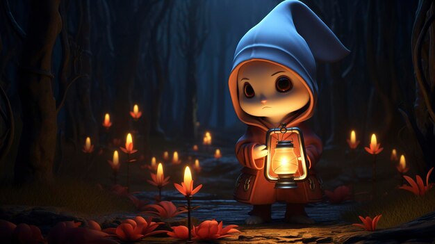 A photo of a 3D character with a candlelit lantern