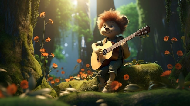 A photo of a 3D character with a guitar