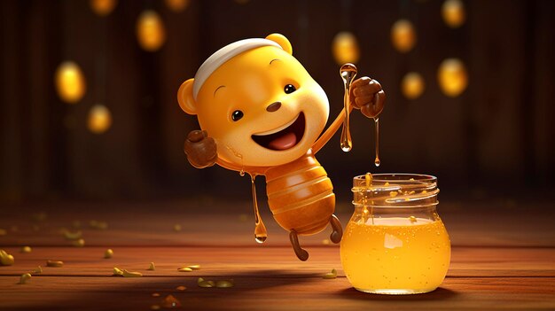 A photo of a 3D character with a honey dipper drizzling jar