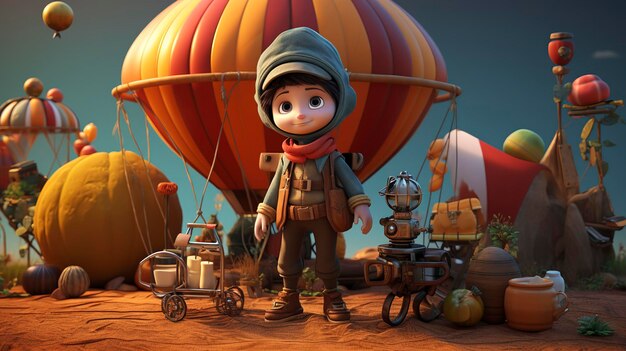 A photo of a 3D character with a hot air balloon