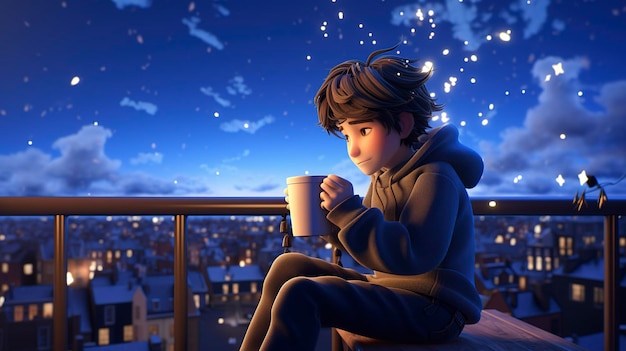 A photo of a 3D character with a hot beverage sitting