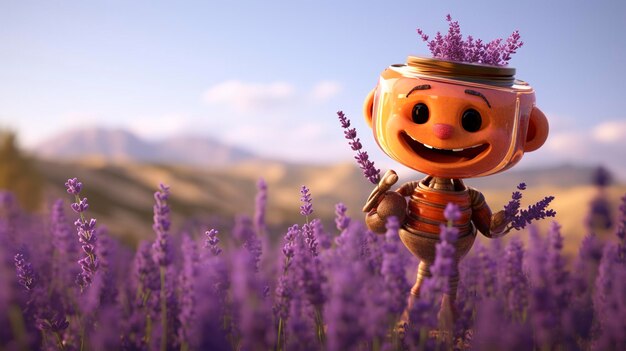 A photo of a 3D character with a jar of honey