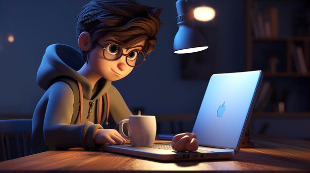 A photo of a 3D character with a laptop and a cup