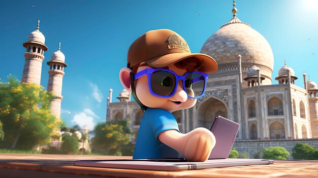 A photo of a 3D character with a laptop and sunglasses