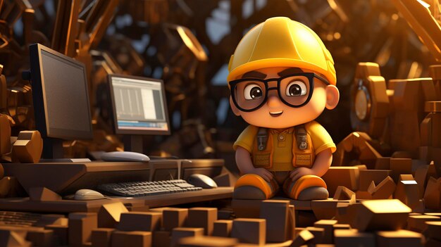 A photo of a 3D character with a mining rig