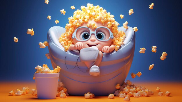 A photo of a 3D character with a popcorn bowl