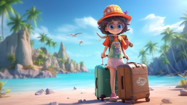 A photo of a 3D character with a suitcase exploring forest